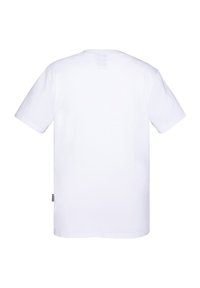 Witte katoenen T-shirt, korte mouwen, ronde hals, eenvoudig ontwerp, geen zichtbare logo's of patronen; label aan de onderzijde aan de linkerzijde. Achteraanzicht getoond.