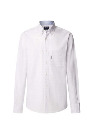 Biała koszula z długim rękawem, zapinana na guziki, z delikatnym wzorem w kratkę, pojedynczą kieszenią na piersi i klasycznym kołnierzykiem. Miękka faktura, dopasowany fason.