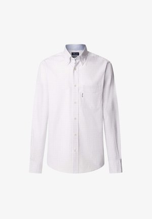 Biała koszula z długim rękawem, zapinana na guziki, z delikatnym wzorem w kratkę, pojedynczą kieszenią na piersi i klasycznym kołnierzykiem. Miękka faktura, dopasowany fason.
