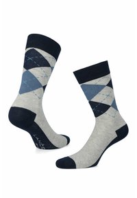 Męskie skarpetki w granatowy, jasnoniebieski i szary wzór argyle. Wykonane z mieszanki bawełny, z kontrastowymi piętami i palcami.