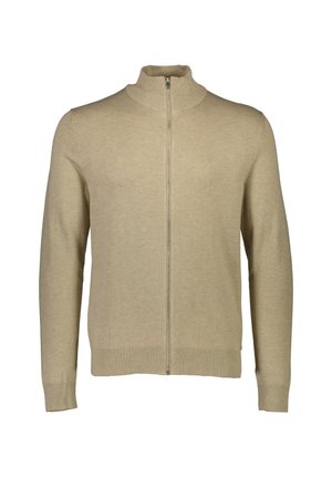 Sweater zippé beige avec un col haut, des poignets côtelés et un ourlet côtelé. Fabriqué dans un matériau doux et texturé avec un design simple et épuré.