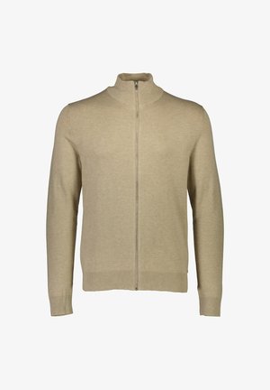 Beiger Reißverschluss-Pullover mit hohem Kragen, gerippten Ärmeln und Saum. Hergestellt aus einem weichen, strukturierten Material mit einem einfachen, klaren Design.