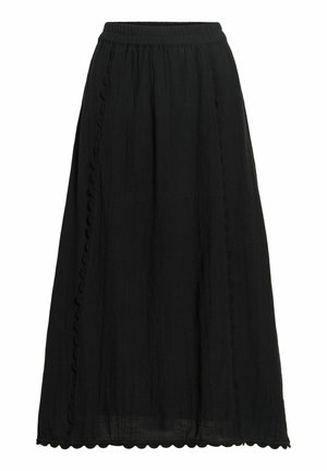 Jupe midi noire avec taille élastique, texture verticale subtile, bordure festonnée sur les côtés et ourlet festonné.