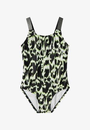 Zwarte zwempak met een abstract diermotief in neon groen en wit, met brede banden en een gladde, glanzende textuur.
