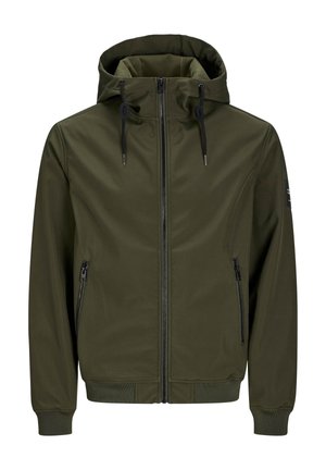 Olijfgroene gewatteerde jas met capuchon, ritssluiting aan de voorkant, twee met rits afsluitbare zijzakken, verstelbare koordjes en geribbelde boorden en zoom.