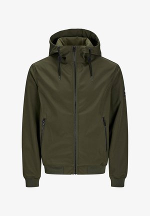 Olijfgroene gewatteerde jas met capuchon, ritssluiting aan de voorkant, twee met rits afsluitbare zijzakken, verstelbare koordjes en geribbelde boorden en zoom.