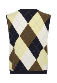 Vestă fără mâneci din amestec de lână, cu un model argyle multicolor în nuanțe de galben, maro, crem și bleumarin. Accente de cusături albastre.