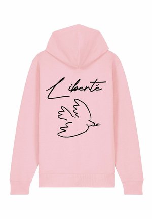 Haut à capuche rose avec un contour noir d'une colombe et le mot "Liberté" au-dessus. Fait en tissu doux, avec une coupe classique et une capuche ajustable.