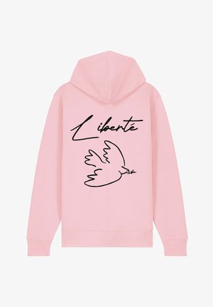 Pink hoodie featuring a black outline of a dove and the word "Liberté" above it. Made from soft fabric with a classic fit and adjustable hood.