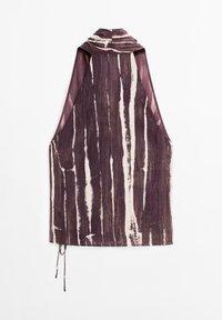 Haut sans manches violet avec des rayures blanches verticales semblant peintes à la brosse et un détail à nouer à l'arrière, présenté sur un fond blanc.