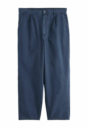 Pantalon décontracté bleu marine avec fermeture par bouton et zip, poches latérales et coupe droite, présenté à plat sur fond blanc.