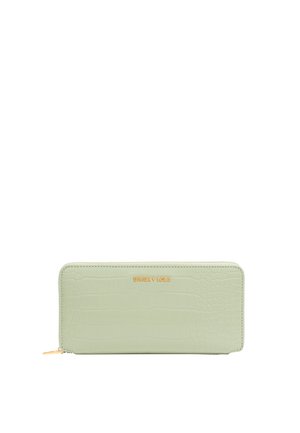 Long zip wallet in light green crocodile-effect leather with gold embossed brand name, featuring a smooth texture and rectangular shape.