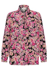 Long-sleeve blouse featuring a black background with vibrant pink and yellow floral paisley pattern. It has a collar and front tie detail.