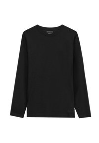 Czarna koszula z długim rękawem wykonana w 100% z bawełny. Posiada okrągły dekolt i prosty design z minimalnym brandingiem na końcu. Gładka faktura.