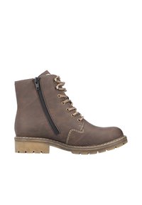 Bottine en cuir marron avec fermeture éclair sur le côté, lacets, coutures beiges et semelle en caoutchouc texturé. Dispose d'un talon robuste et d'un design durable.