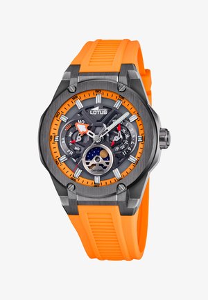 Čierne a šedé nerezové hodinky s oranžovým silikónovým remienkom. Obsahujú viacvrstvový ciferník, ukazovateľ dňa a dátumu, a tri subciferníky.