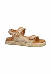 Beige gevlochten sandalen met bruine synthetische accenten, verstelbare haak-en-lussluitingen en een gestructureerde, gevoerde zool.