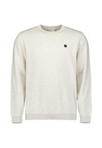 Lichtgrijze crewneck sweatshirt van zachte stof, met een klein zwart hexagonaal logo op de linkerborst en ribgebreide manchetten en zoom.