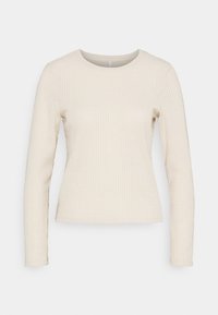 T-shirt à manches longues en crème, avec un col rond et une silhouette ajustée. Tissu doux et texturé avec des détails en rayures verticales.