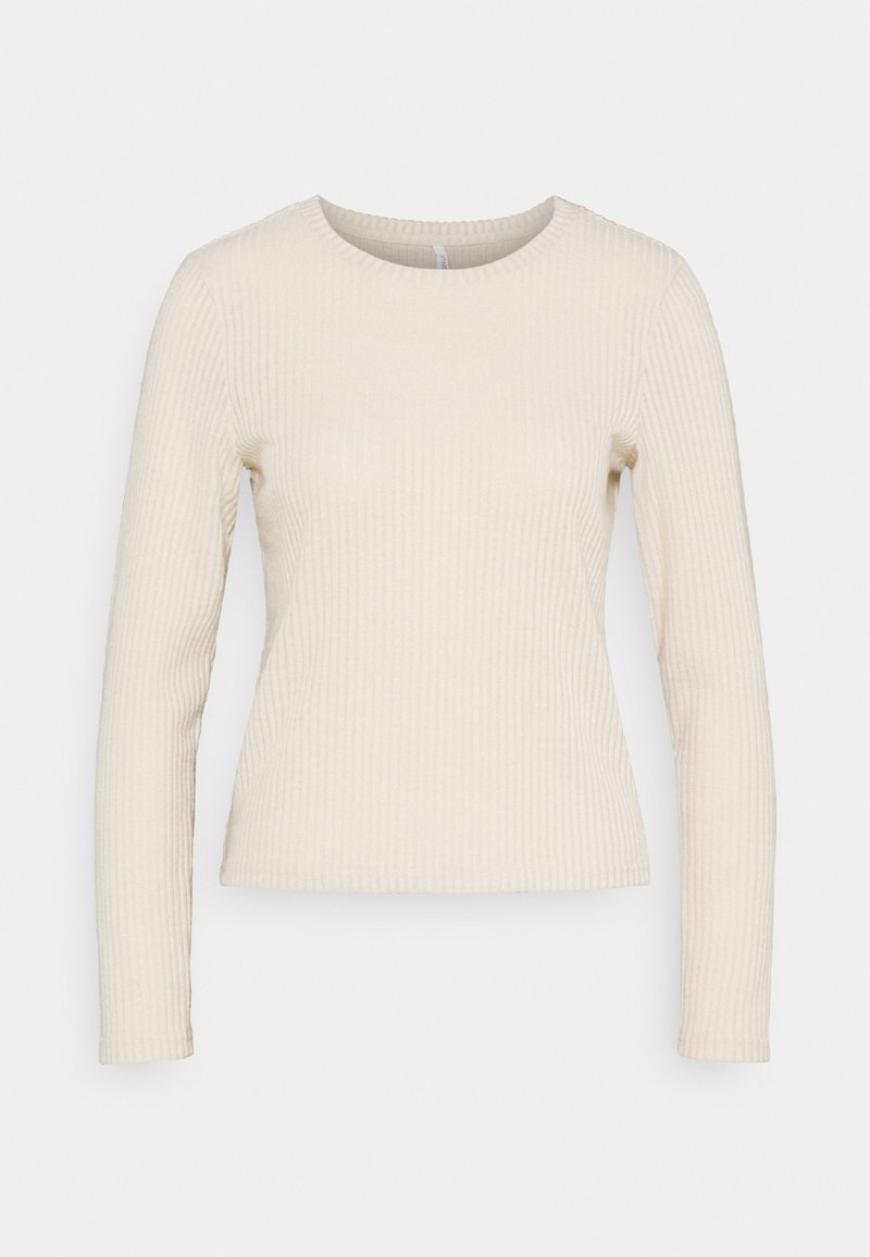 T-shirt à manches longues en crème, avec un col rond et une silhouette ajustée. Tissu doux et texturé avec des détails en rayures verticales.