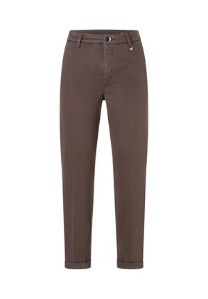 Brown cotton trousers with a straight leg, featuring a button and zipper closure, and rolled cuffs. Smooth texture, minimal detailing.