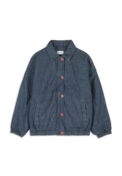 Blue and white pinstriped jacket with orange buttons, elastic cuffs and hem, side pockets, and a collared neckline.