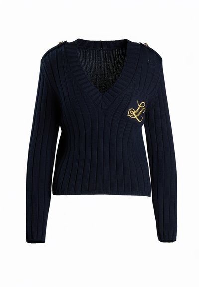 Navyblauwe geribbelde gebreide trui met een V-hals, lange mouwen en een gouden geborduurd logo op de borst. Voorzien van schouderhardware accenten.