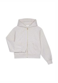 Sudadera con cremallera de color gris claro, con capucha, puños acanalados y bolsillos frontales. Confeccionada en un tejido suave y texturizado con un diseño limpio.