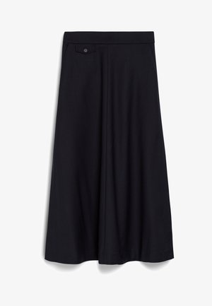 Black, knee-length skirt with a wide, flowing design. Features a flat front waistband and a single button detail at the front pocket.