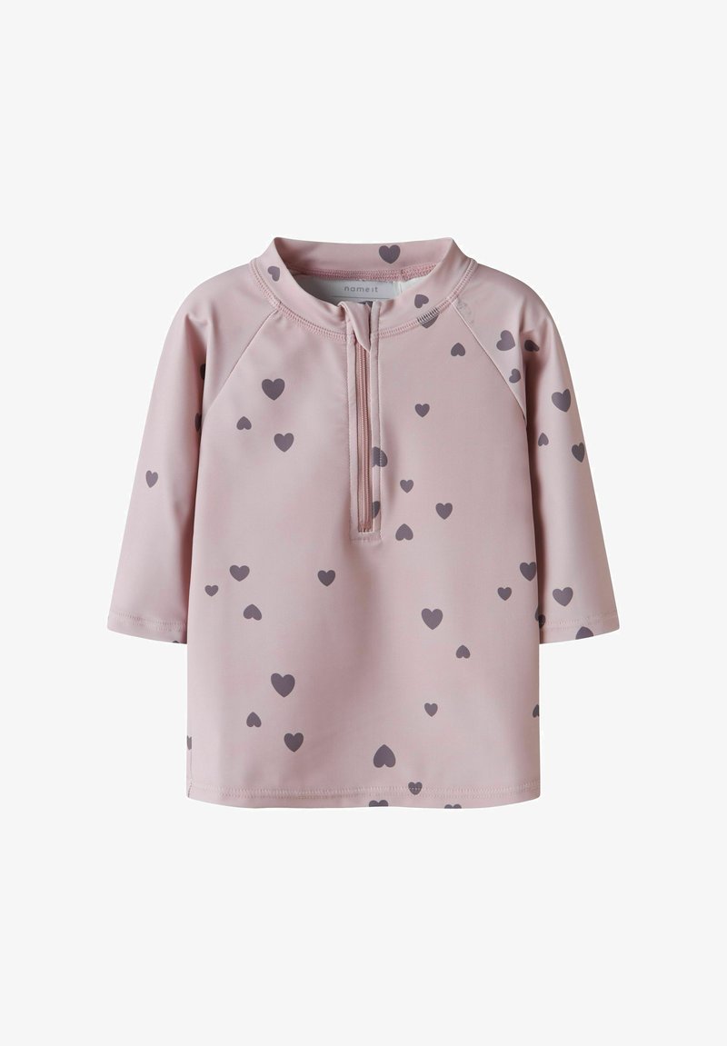 Dječja svijetloružičasta dugih rukava s prednjim patentnim zatvaračem i razbacanim tamnosivim uzorcima srca.