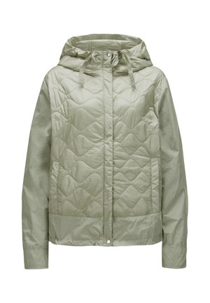 Hellgrüne gesteppte Jacke mit Kapuze, mit einer glatten Textur, elastischem Kordelzug, seitlichem Druckknopfverschluss und zwei seitlichen Taschen.