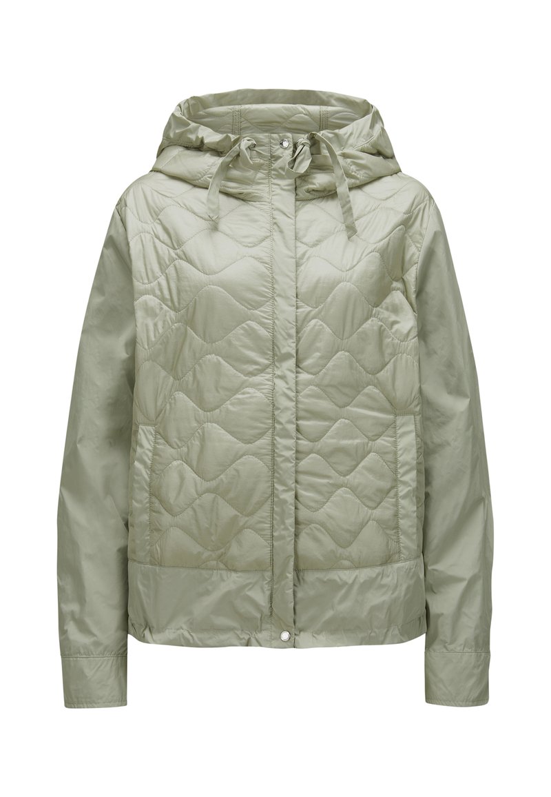 Hellgrüne gesteppte Jacke mit Kapuze, mit einer glatten Textur, elastischem Kordelzug, seitlichem Druckknopfverschluss und zwei seitlichen Taschen.