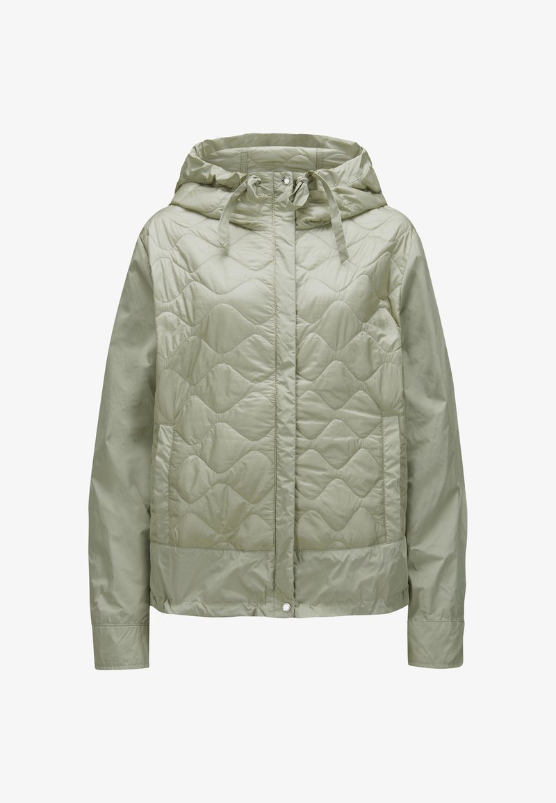 Hellgrüne gesteppte Jacke mit Kapuze, mit einer glatten Textur, elastischem Kordelzug, seitlichem Druckknopfverschluss und zwei seitlichen Taschen.