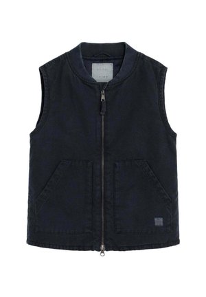 Chaleco negro sin mangas con cremallera frontal, dos bolsillos laterales, cuello redondo y acabado textil casual.