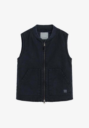 Chaleco negro sin mangas con cremallera frontal, dos bolsillos laterales, cuello redondo y acabado textil casual.