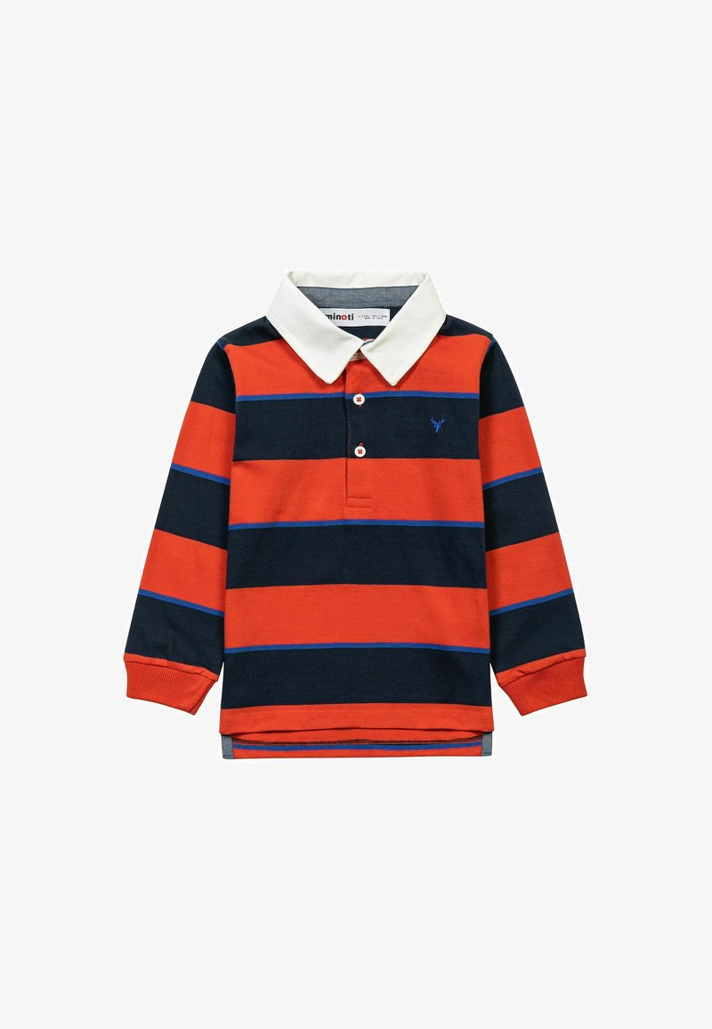 Rot gestreiftes Langarm-Polohemd in Marineblau mit einem weißen Kragen, zwei Knöpfen und blauen Akzenten. Weicher Baumwollstoff, gerippte Bündchen.