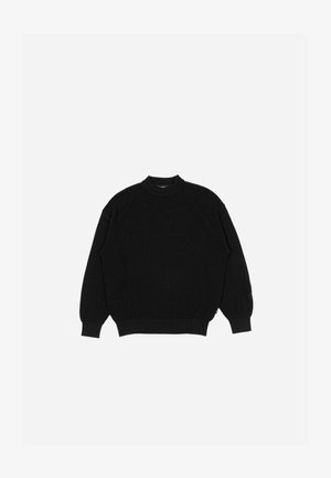Black knitted sweater with a round neck, ribbed cuffs, and hem. Textured pattern throughout with a loose-fit design.