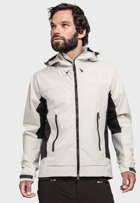 Light grey and black waterproof jacket with a zip closure, adjustable hood, and two zippered front pockets. Smooth texture and athletic fit.