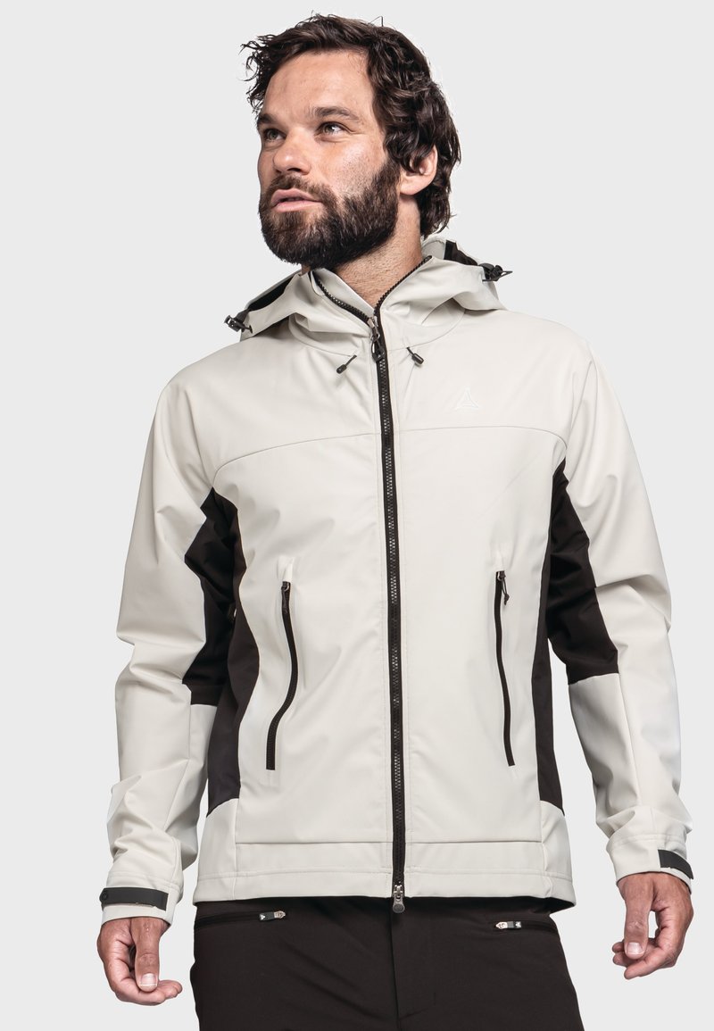 Light grey and black waterproof jacket with a zip closure, adjustable hood, and two zippered front pockets. Smooth texture and athletic fit.