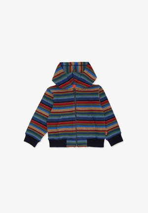 Felpa con cappuccio a righe con cerniera frontale, caratterizzata da colori variati come blu, verde, rosso e marrone. Include un cappuccio spazioso e due tasche.