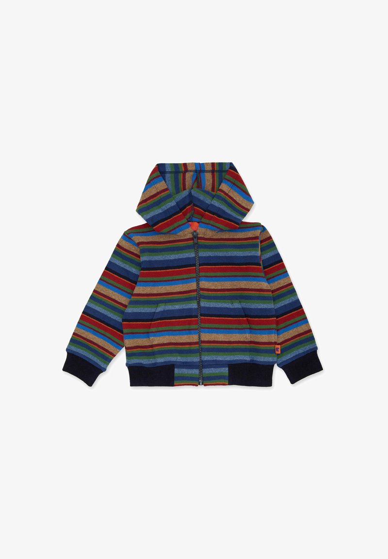 Felpa con cappuccio a righe con cerniera frontale, caratterizzata da colori variati come blu, verde, rosso e marrone. Include un cappuccio spazioso e due tasche.