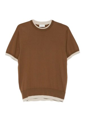 Maglione marrone a maniche corte con rifiniture bianche su collo, polsini e orlo, steso su uno sfondo bianco.