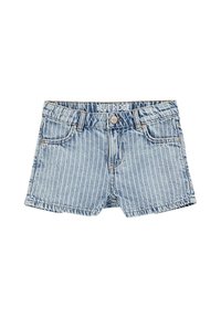 Traperice kratke hlače s plavim i bijelim vertikalnim prugama, s klasičnim dizajnom s pet džepova, kopčanjem na gumb i pojasom s logotipom.