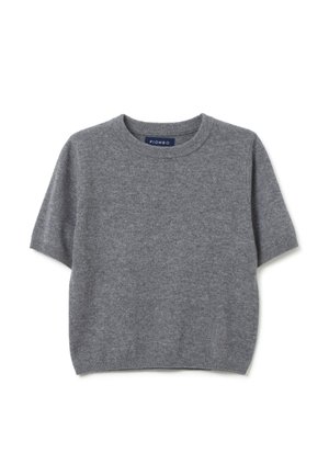 Grau kurzärmliger Pullover aus weichem Stoff. Mit Rundhalsausschnitt und geripptem Saum. Schlichtes Design mit minimalen Details.