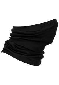 Gaiter multiuso nero realizzato in un tessuto elasticizzato e morbido, con una texture arricciata e una stampa del logo discreta lungo il bordo.