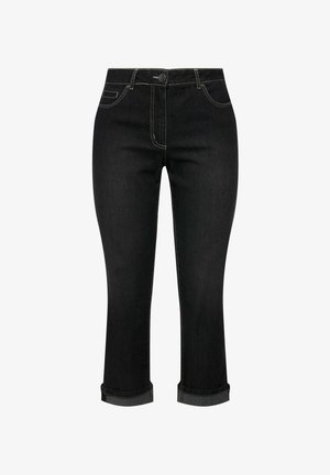 Jeans en denim noir avec une taille mi-haute, un design à cinq poches et des ourlets retroussés. Des détails de surpiqûres contrastées rehausse le look épuré et ajusté.