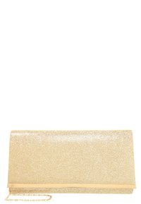 Lśniąca złota kopertówka o prostokątnym kształcie, gładkiej fakturze i złotym łańcuszkowym pasku. Posiada elegancki złoty akcent u podstawy.