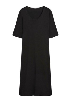 Robe noire à manches courtes avec un encolure ronde et une coupe droite longueur genou.