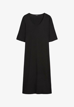 Robe noire à manches courtes avec un encolure ronde et une coupe droite longueur genou.