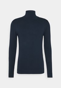 Pull à col roulé bleu marine en maille douce et extensible. Silhouette ajustée avec manches longues et poignets et col côtelés.